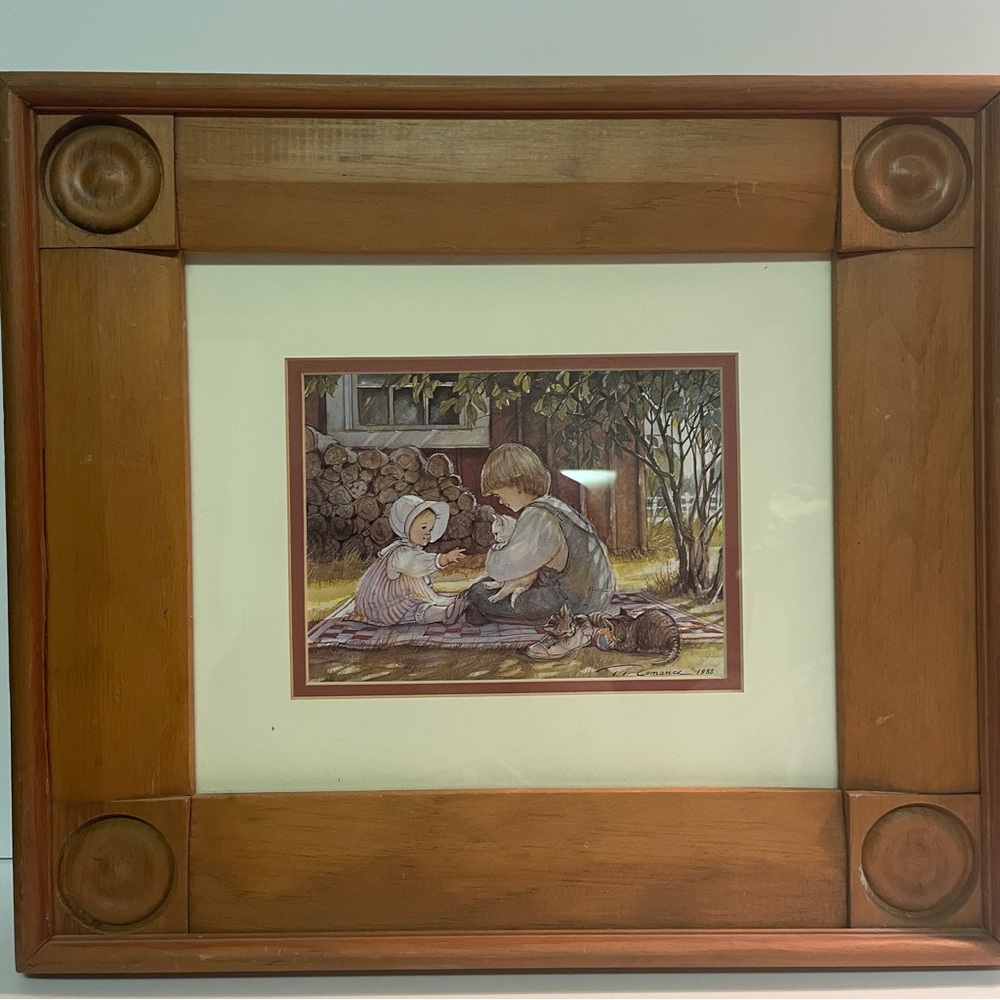VTG Art Print "Barn Kitties" By Trisha Romance Wooden Frame
15"x17" Cottagecore